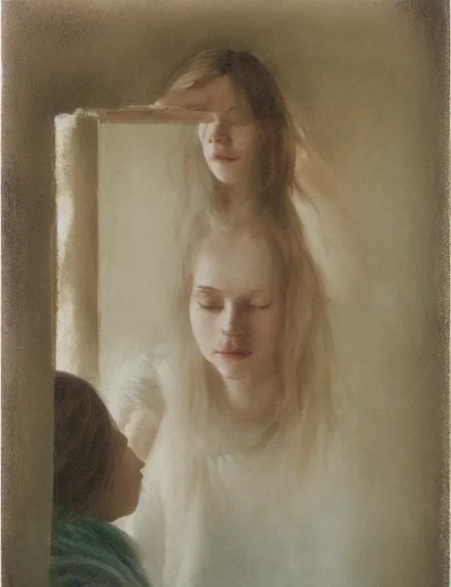 Prompt: peasant girl looking in a mirror in a bathroom, polaroid photo bleached vintage pastel colors high - key lighting, soft lights, foggy, by steve hanks, by lisa yuskavage, by serov valentin, by tarkovsky, detailed, oil on canvas