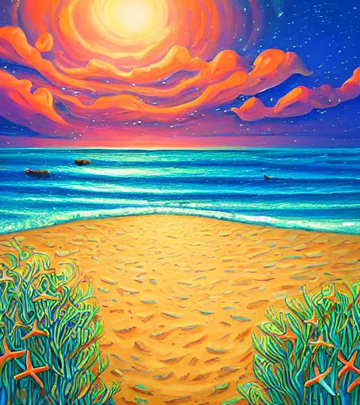 Prompt: digital painting detailed beach and shoreline with starfish painted by jeremiah ketner and James Gurney