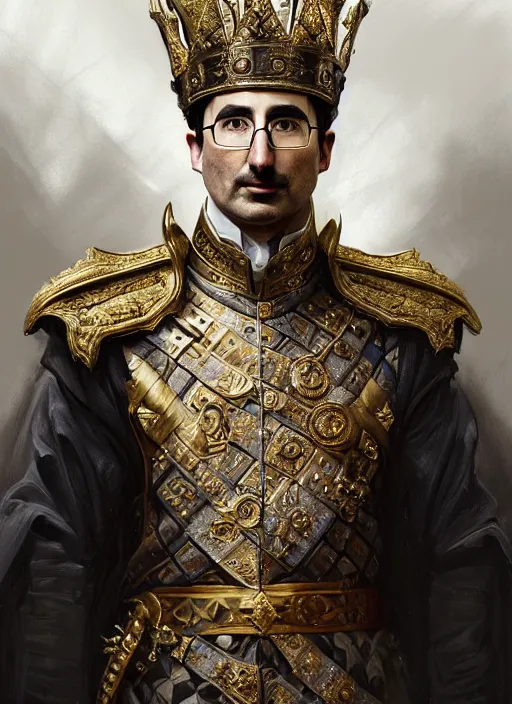 Prompt: portrait of lord john oliver as stoic king, royalty, extravagant, lord, full body, military uniform, fantasy, intricate, elegant, beautiful, highly detailed, charcoal, centered, dark, smokey, digital painting, artstation, concept art, art by artgerm and greg rutkowski and alphonse mucha