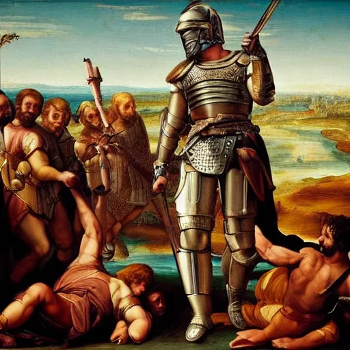 Image similar to renaissance painting of oscar isaac in armor playing achilles, ancient city in background, ultra detailed, movie poster, in the style of leonardo davinci