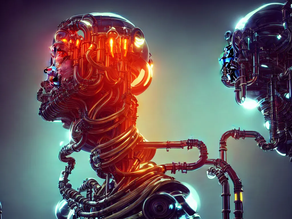 Prompt: A frightening and beautiful cyborg head with pipes and tubes in a library surrounded by books, collecting books with multiple arms, hyperealistic colourful hdr , beautiful volumetric lighting, epic light, artstation, magic hour lighting, cgi render photorealistic cinematic octane render