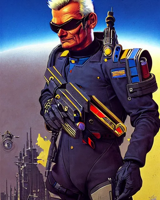 Image similar to soldier 7 6 from overwatch, character portrait, portrait, close up, concept art, intricate details, highly detailed, vintage sci - fi poster, retro future, in the style of chris foss, rodger dean, moebius, michael whelan, and gustave dore