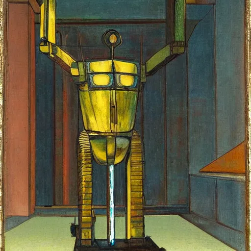 Prompt: a mecha robot inside a Greek temple, Greek temple, Daguerrotype, Francis Bacon Painting