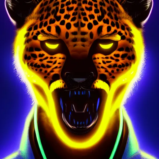 Prompt: a beautiful commission of an anthropomorphic cheetah wearing a neon jacket,futuristic,detailed face,character design by charles bowater,mohawk,cyberpunk style,deviantart,artstation,art by greg rutkowski,ross tran,professional lighting,neon city,night,raytracing,rtx