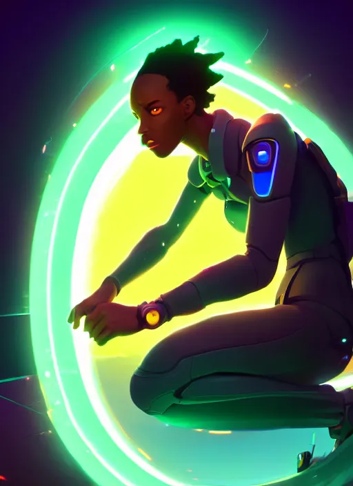 Prompt: engineer stepping through glowing portal, handsome black man, full body cinematic | hyperrealistic digital painting by makoto shinkai, ilya kuvshinov, lois van baarle, rossdraws | afrofuturism in the style of hearthstone and overwatch, trending on artstation | green highlights and complimentary colors