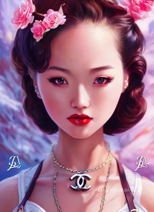 Image similar to a pin up and beautiful fashion dreamlke japan girl with lv jewelry, character art, art by artgerm, wlop, loish, hyperdetailed, 8 k realistic, symmetrical, global illumination, radiant light, frostbite 3 engine, cryengine, dof, trending on artstation, digital art, chanel, dior, detailed background