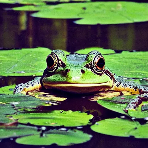 Image similar to close - up of a smiling frog in the pond with water lilies, medieval castle on background, shallow depth of field, highly detailed, ominous, digital art, masterpiece, matte painting, sharp focus, matte painting, by isaac levitan, monet, asher brown durand,