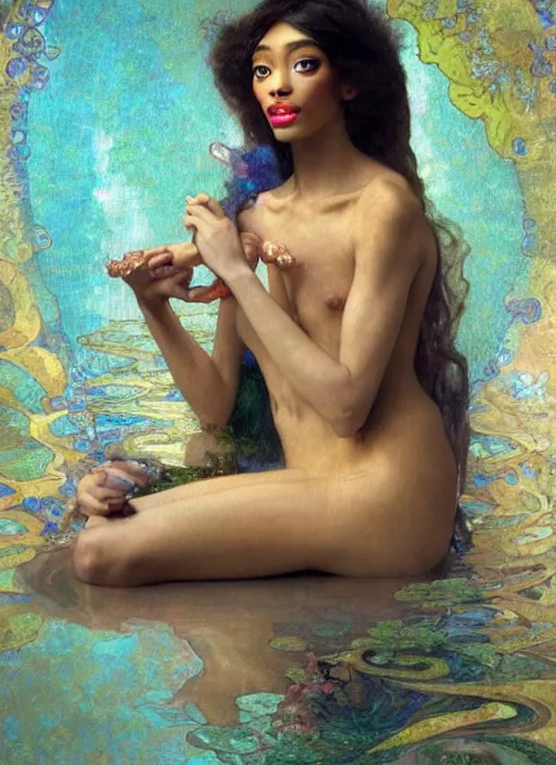 Image similar to a realistic oil painting of a beautiful young woman resembling winnie harlow, crystal encrustations, underwater, fantasy art, by mucha, by bouguereau, intricate, colorful