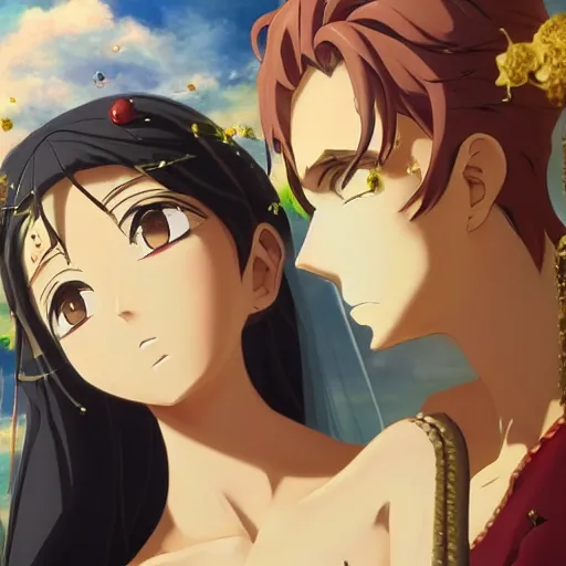 Image similar to a oil painting of the marriage between a modern god and a modern goddess in the style of slice of life anime Photorealistic HD 8k highlights and shadow detailed High Resolution