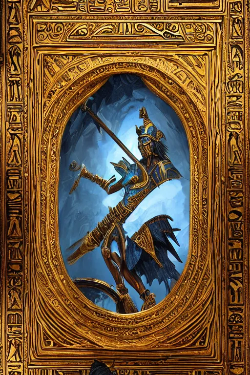 Image similar to fantasy greg rutkowski digital painting of an ornate and royal egyptian old twisted ornate engraved with gold wooden staff weapon with a radiant blue crystal on top tip hovering, unreal engine, hyper realism, realistic shading, cinematic composition, blender render, octane render, hdr, detailed textures, photorealistic, 3 5 mm film