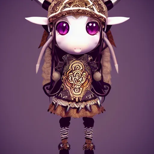 Image similar to cute fumo plush of a goat girl with horns, anime girl, tribal outfit with intricate celtic knot patterns, gothic maiden shaman, pagan goddess, glowing, bokeh, artstation, vray