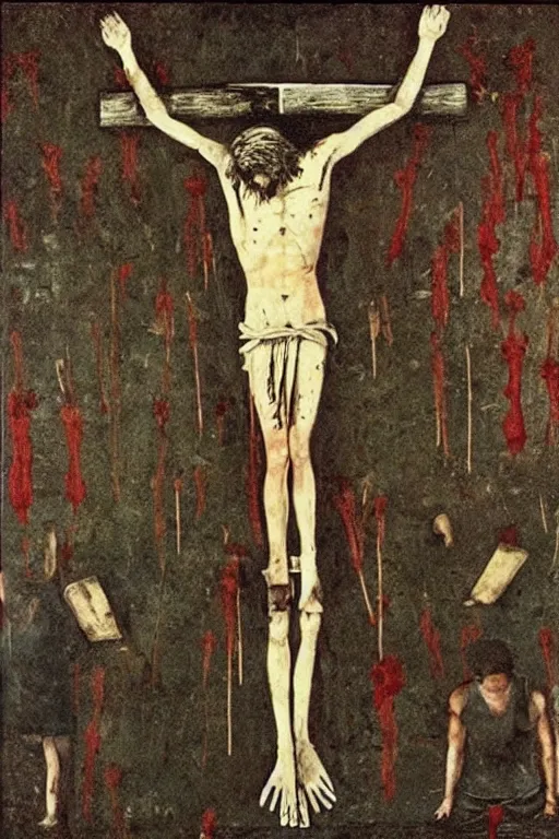 Image similar to bloody christ crucified and some mushrooms on the floor painted in by cy twombly and andy warhol