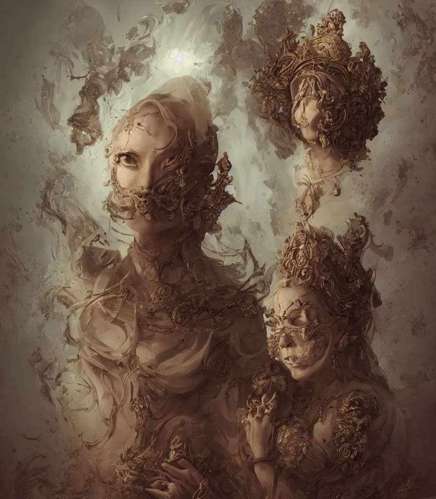 Prompt: woman portrait, head on face, foreground, volumetric, wearing a carved half mask with incrustations, astral godness vishnu, ethereal, elements, baroque, rococo, ink, tarot card enviromet, cinematics lights, detailed, intricate illustration, octane render, infinite background, golden ratio, fine art by peter mohrbacher & marc simonetti