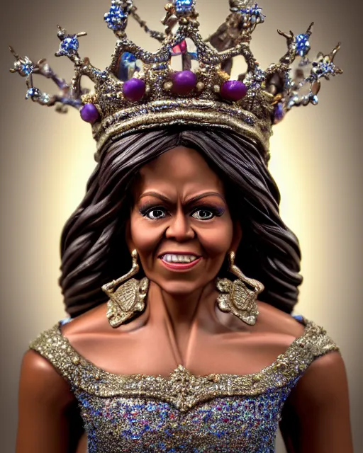 Prompt: highly detailed closeup, face profile portrait of a tin toy michelle obama as a fairytale princess wearing a crown and sitting on a throne, bikini, depth of field, nicoletta ceccoli, mark ryden, lostfish, max fleischer, breathtaking, detailed and intricate environment, 8 k resolution, hyperrealistic, octane render