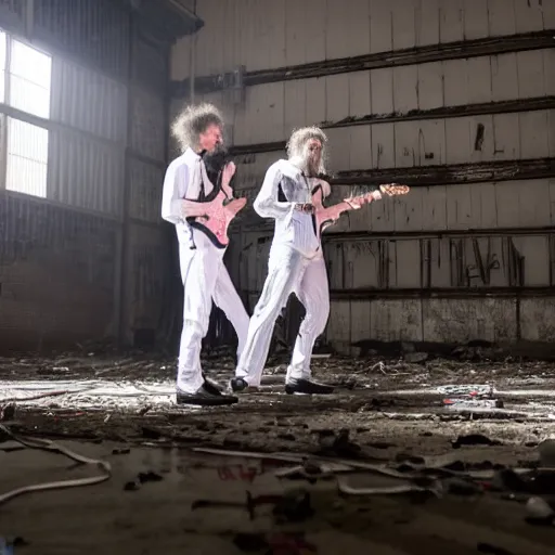 Image similar to two electric guitar players in jumpsuits, playing death metal in an abandoned warehouse