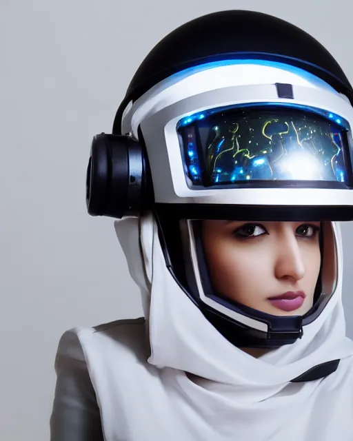 Image similar to centered medium shot fine studio photograph of a beautiful persian girl wearing only a mecha electronic zoroastrian helmet with led lights, ultra-realistic, white background, 8k HDR sunset lit, intricate detail