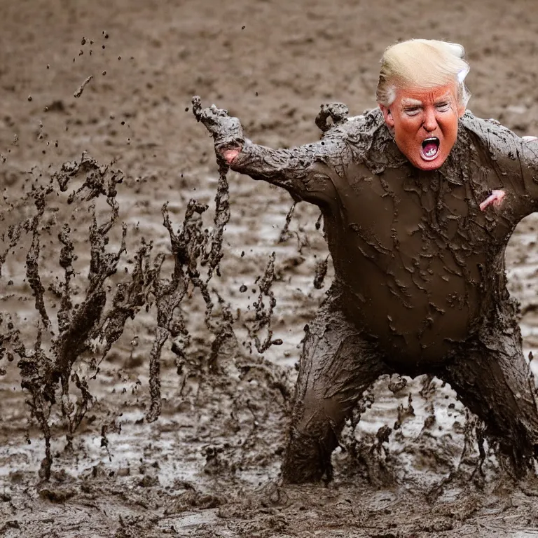 Image similar to flash photograph of Donald Trump wallowing in a mud pit. He is very angry and shouting.