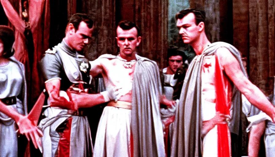 Image similar to 1 9 6 0 s movie still of caligula stabbed to death by senators, cinestill 8 0 0 t 3 5 mm, high quality, heavy grain, high detail, dramatic light, ultra wide lens, anamorphic