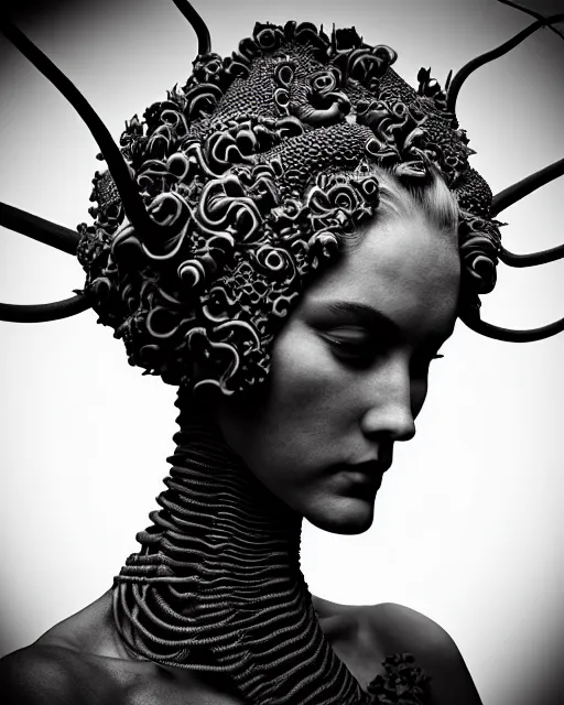 Image similar to dark background, a black and white high quality dreamy photo of a young beautiful female queen-dragon-vegetal-cyborg bust with a very long neck and delicate Mandelbrot fractal face, elegant, highly detailed, flesh highly baroque ornate, hair are curled wired cables, elegant, poetic, soft, dreamy, mysterious, high fashion, rim light, in the style of Ellen von Unwerth, Realistic, Refined, Digital Art, Highly Detailed, Cinematic Lighting, rim light, black and white, photo-realistic, 8K