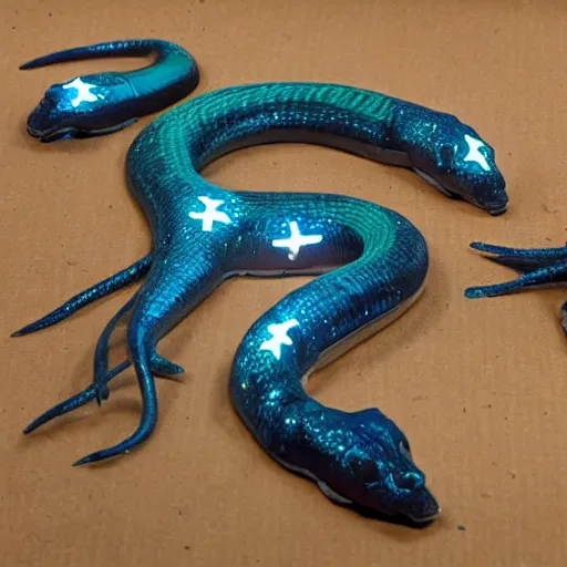 Image similar to stop motion bipedal halloween eel snake skeleton fantasy mermaid with a fish bone body, on a spray painted cardboard dock with a hand painted night sky full of led glittery stars, adorable, side profile, macro camera lens