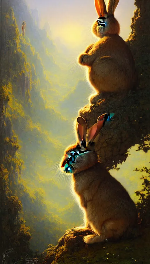 Image similar to rabbit looking off of a cliff, sun setting behind rabbit, lush forest in valley below, painted by tom bagshaw, james gurney, gaston bussiere, craig mullins, j. c. leyendecker 8 k