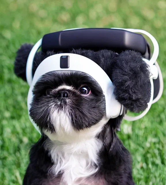 Image similar to a 4 k photorealistic photo of a black shih - tzu puppy wearing a vr headset on her head