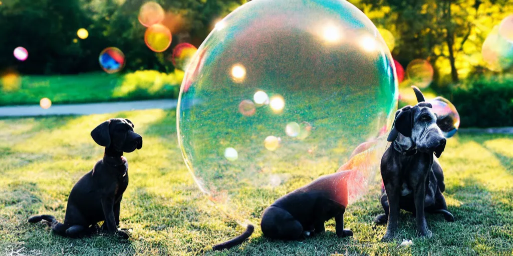 Prompt: a tiny adorable kitten and an elderly great dane are the best of friends, golden hour, back yard, giant iridescent soap bubbles fill the air, bokeh