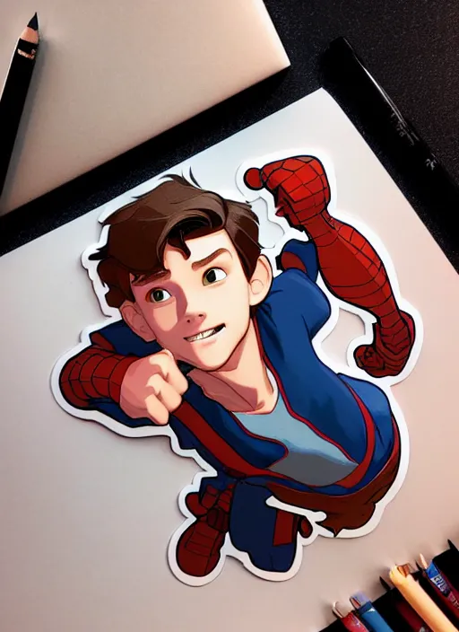 Image similar to cute tom holland sticker design, natural lighting, path traced, highly detailed, high quality, digital painting, by don bluth and ross tran and studio ghibli and alphonse mucha, artgerm