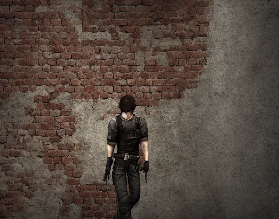 Image similar to mario hiding behind a brick wall, resident evil, silent hill, beautiful texture, beautiful graphics, fantasy artwork, very beautiful scenery, hd, hdr, ue 5, ue 6, unreal engine 5, cinematic 4 k wallpaper, 8 k, ultra detailed