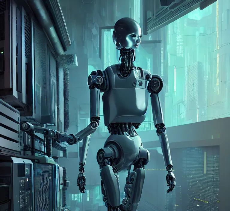 Image similar to hyperrealism stock photo of highly detailed stylish humanoid robot in sci - fi cyberpunk style by gragory crewdson and vincent di fate with many details by josan gonzalez working in the highly detailed data center by mike winkelmann and laurie greasley hyperrealism photo on dsmc 3 system rendered in blender and octane render