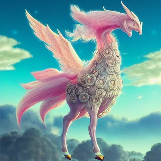 Image similar to a fluffy pegasus pokemon:: by Martine Johanna and Simon Stålenhag and Chie Yoshii and Casey Weldon and Guillermo del toro :: ornate, dynamic, particulate, pastel colors, intricate, elegant, highly detailed, centered, artstation, smooth, sharp focus, octane render, 3d