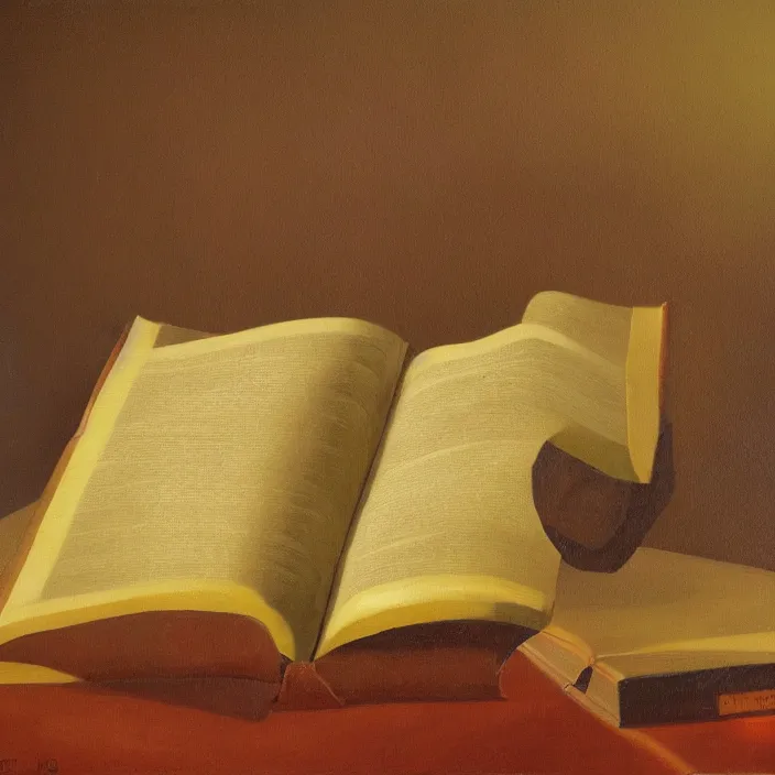 Image similar to still life painting of large book and greenery by tony ackland, oil on canvas, strong lighting, highly detailed, hyper realism, golden hour, god rays, hd, 4 k