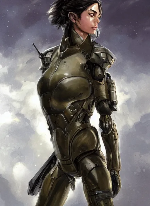 Image similar to a professionally painting of an attractive young girl, partially clothed in sci-fi military armor, olive skin, long dark hair, beautiful bone structure, perfectly proportioned, symmetrical facial features, intricate, elegant, heroic pose, digital painting, concept art, smooth, sharp focus, finely detailed, beautifully framed, from Metal Gear, in the style of Greg Rutkowski and William-Adolphe Bouguerea, trending on Artstation, award winning