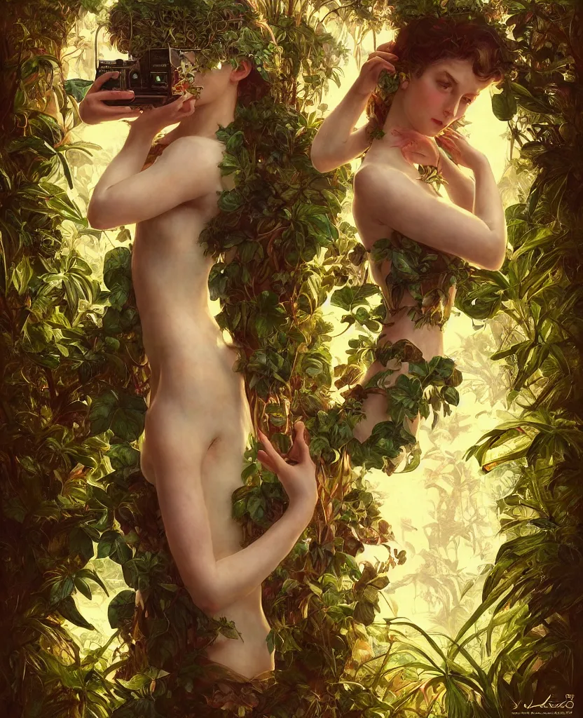 Image similar to hyper realistic photographer looking through a vintage medium format camera, magic pouring from lens, full body pose, design on white background, beautiful details, lush foliage cyberpunk, gold, drawn by john singer sargent, tom bagshaw, norman rockwell, alphonso mucha, lolish, trending on artstation