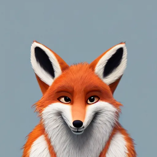 Image similar to upper half portrait of a anthropomorphic female fox with short white fur covering her body in the style of zootopia, top down view, centered on face, completely white