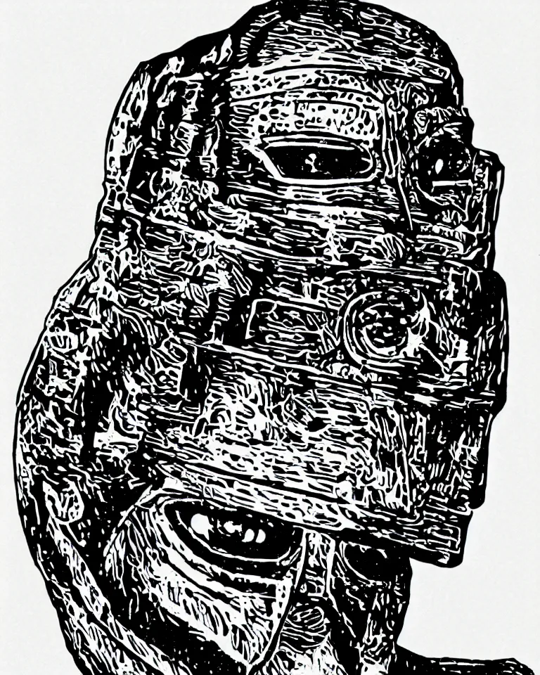 Prompt: a detailed lifelike linocut engraving of mf doom