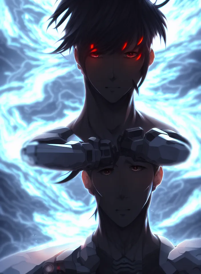 Image similar to a detailed manga illustration character full body portrait of a dark haired cyborg anime man surrounded by clouds of dark smoke and fire, trending on artstation, digital art, 4 k resolution, detailed, high quality, sharp focus, hq artwork, insane detail, concept art, character concept, character illustration, full body illustration, perfect anatomy, cinematic, dramatic lighting