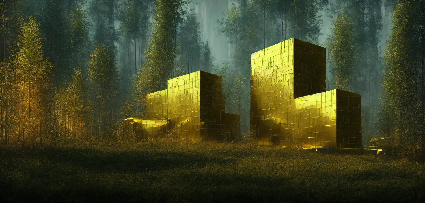 Image similar to futuristic shinny golden building in an forest landscape of a biopunk city by taras shevchenko and wlop, movie poster, golden ratio, evening lighting, film still, realistic, octane render redshift arnold materials unreal engine, 8 k post production, hyper detailed