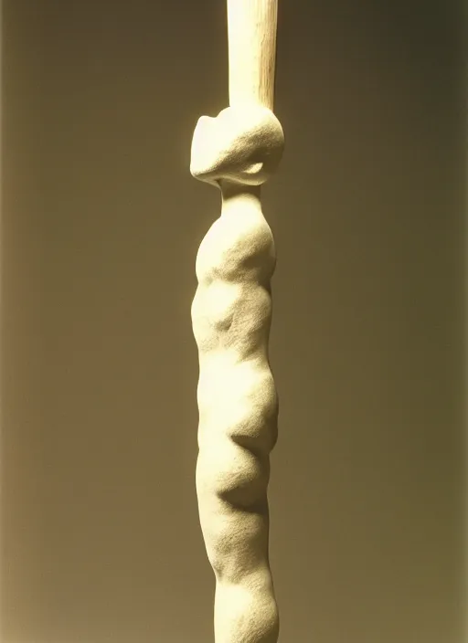 Image similar to realistic photo of a sculpture model of white cloud, standing on a wooden stick, front view 1 9 9 0, life magazine reportage photo, metropolitan museum photo