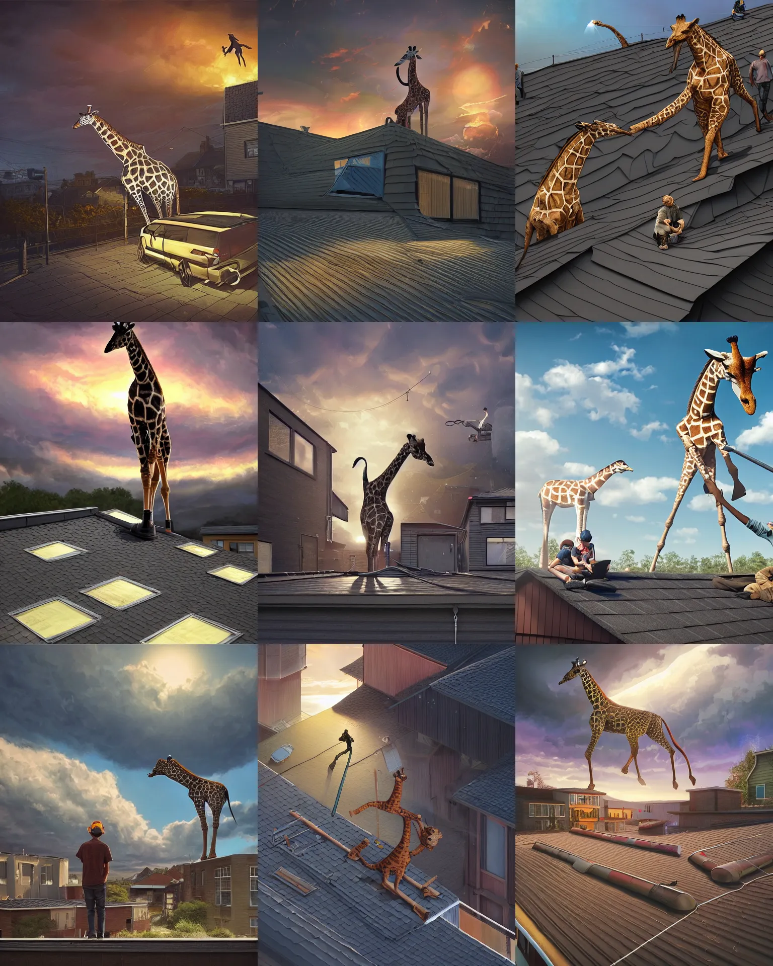 Prompt: rubber flat roofing installation services on garage roof halifax, kids fantasy drawing, a giraffe standing on the roof, intricate, epic lighting, cinematic composition, hyper realistic, 8 k resolution, unreal engine 5, by artgerm, tooth wu, dan mumford, beeple, wlop, rossdraws, james jean, marc simonetti, artstation