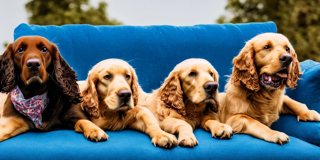 Prompt: a cute spaniel, Labrador and golden retriever spread out on a plush blue sofa. Award winning photograph, soft focus, depth of field, rule of thirds, national geographic, golden hour