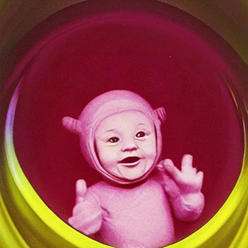 Image similar to colorized echography of a fetus teletubbie watching TV in his mother’s womb