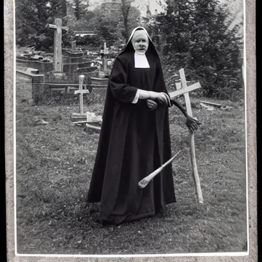 Prompt: antique photograph of an evil catholic nun digging out human bones in a graveyard, night, blurry, mysterious, horror real photo,