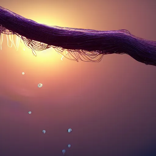 Prompt: side view a group of hamburger jellyfish growing form tree branch, sunset, secret <, c 4 d, 8 k cleaning future, highly quality penetrating feeling bright light, cg, cyberpunk