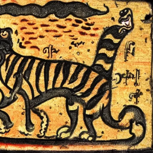 Image similar to bad drawn tiger made of smoke, lava and fire flying in the sky with many legs in a medieval manuscript, medieval manuscript, golden miniatures