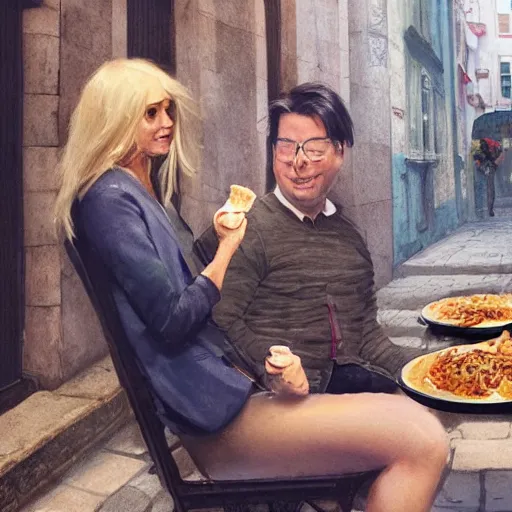 Image similar to a blonde woman & Michael mcintyre eating lasagne in Porto, greg rutkowski