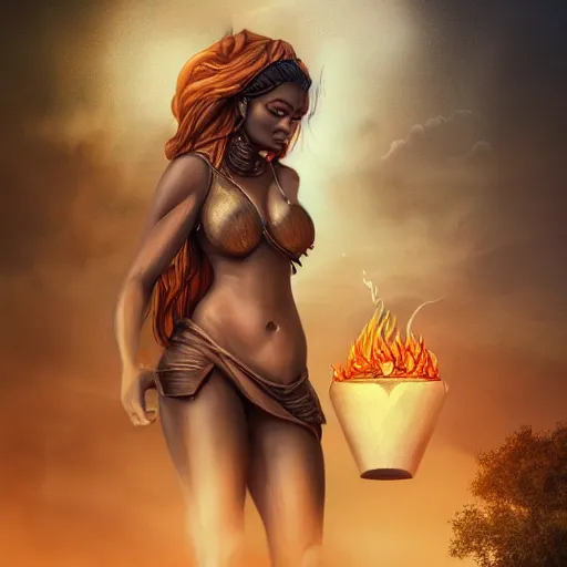 Image similar to a colossal goddess from above, creative, brown skin, giant, digital art, city, town, highly detailed, photo manipulation, up there, dark clouds, dark gray hair, digital painting, on fire, low angle, smoke, artstation