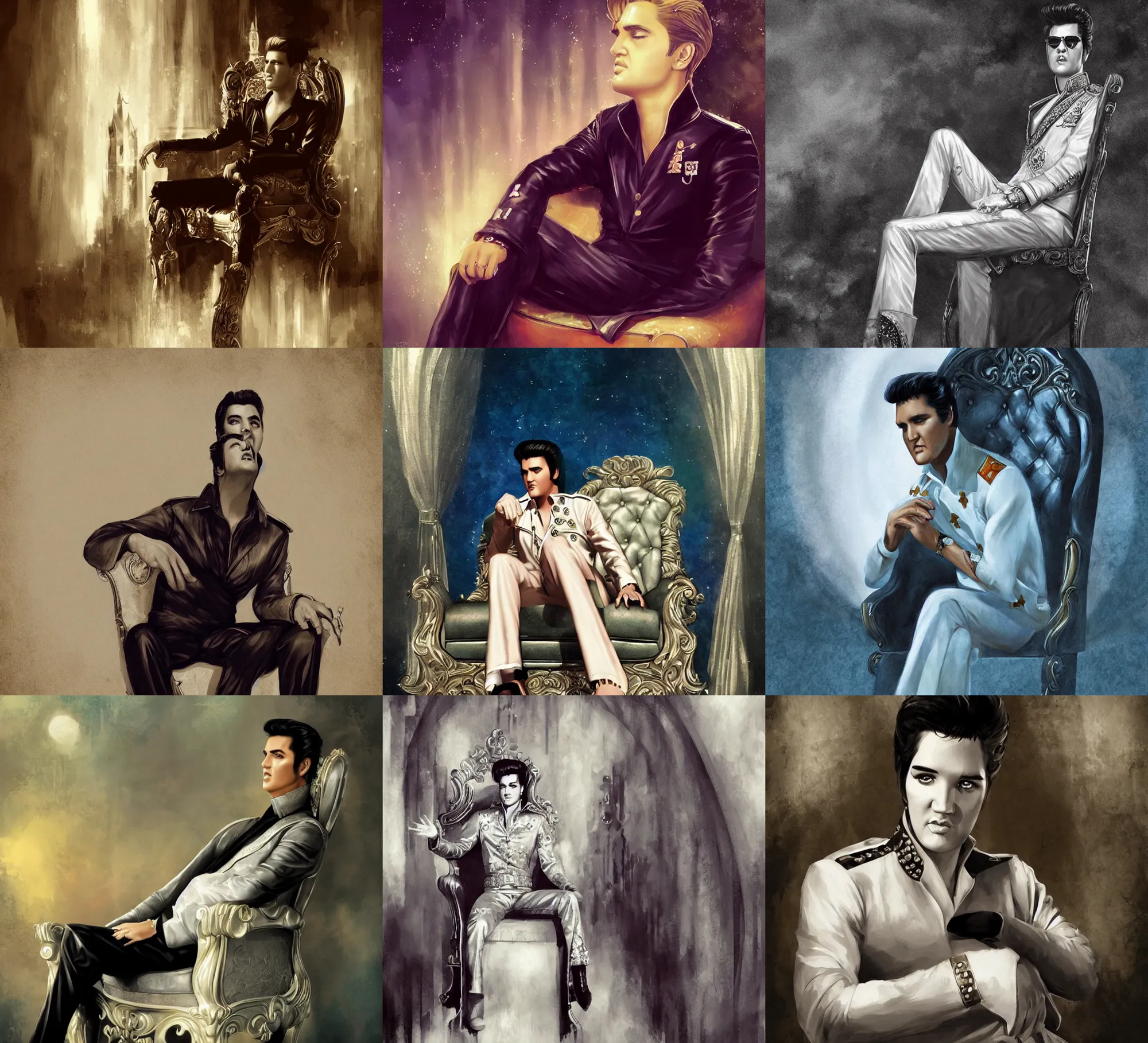 Prompt: elvis presley sitting on his throne in his castle, artwork by charlie bowater