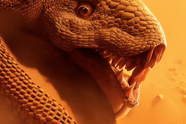 Prompt: cinematic closeup portrait of a serpent in a sandstorm, detailed textures, dramatic lighting, unreal engine, cgsociety, artstation, 4k