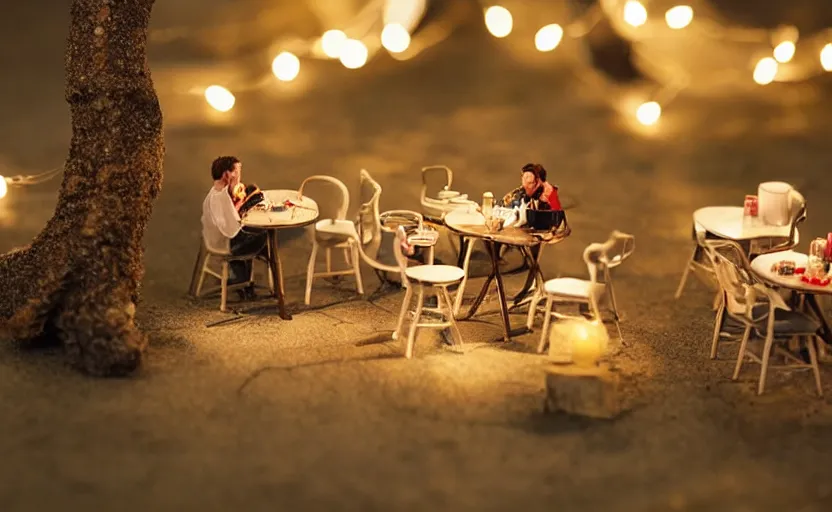 Image similar to mini cafe for mice diorama macro photography, ambient, atmospheric photograph, string lights, romantic